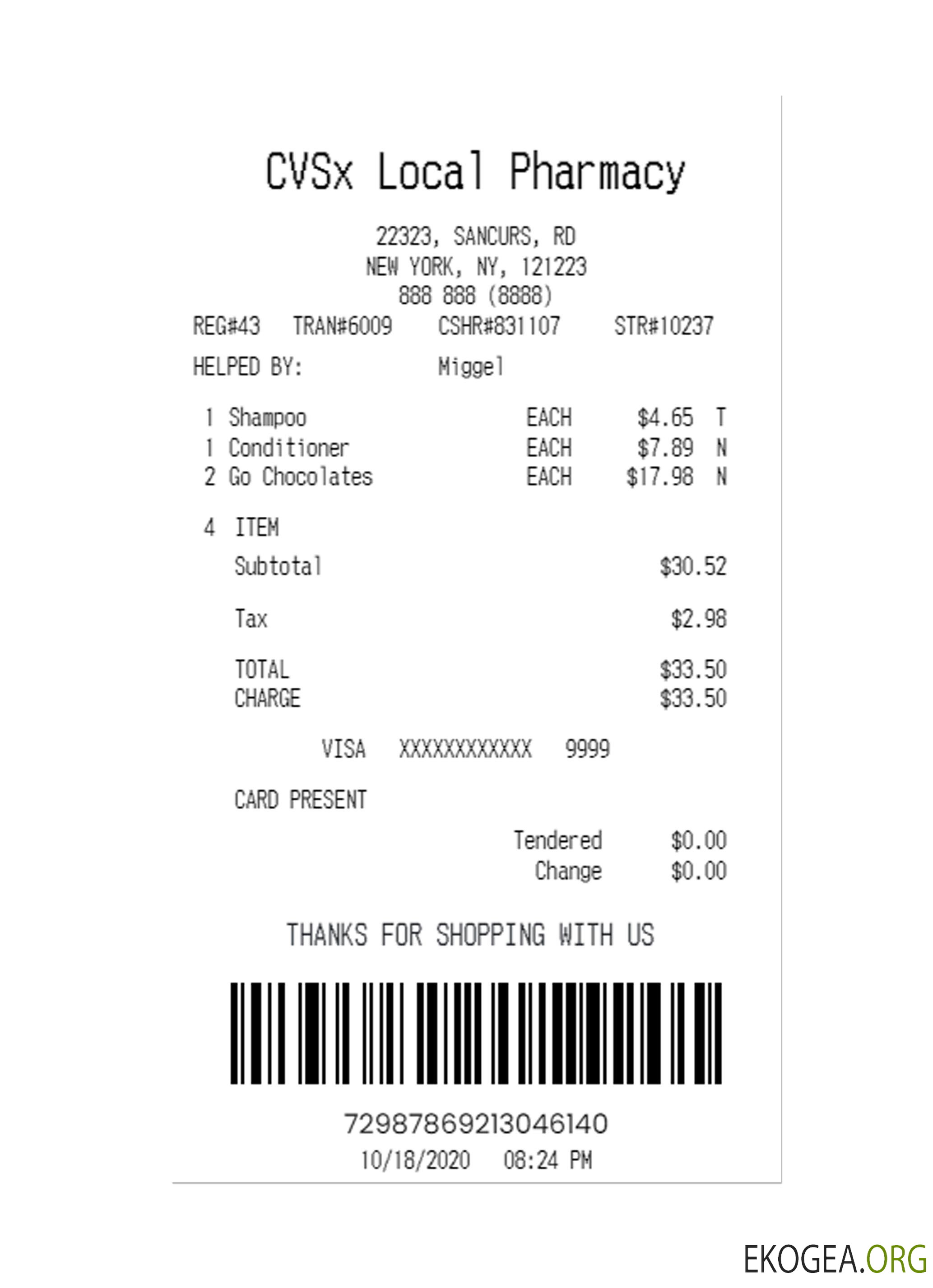 Reçu de paiement CVSx LOCAL PHARMACY